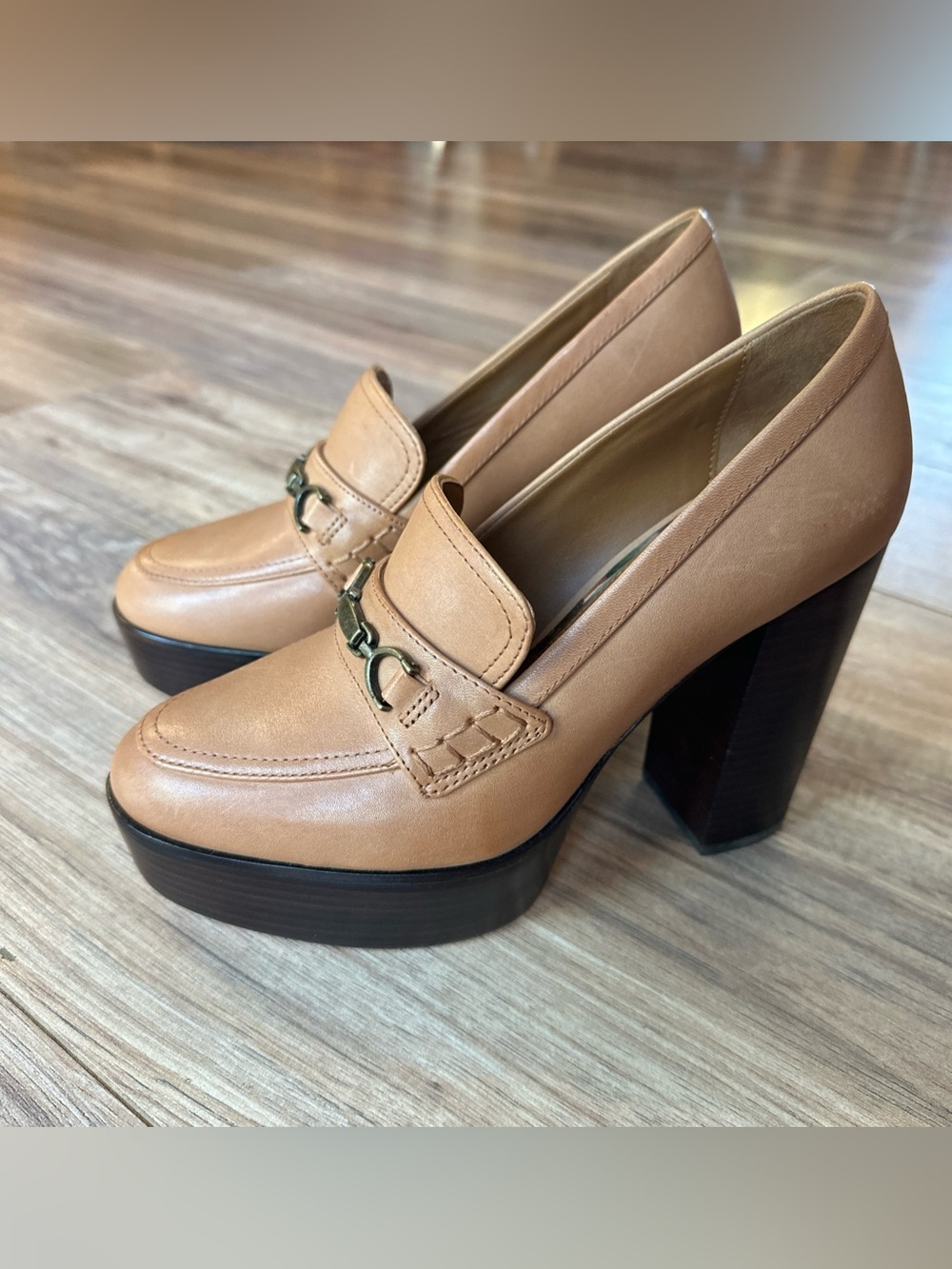 Paige Masha Bit Loafer Platform Pumps Heels Shoes Leather Cognac Brown Tan 7 EUC - Picture 1 of 6